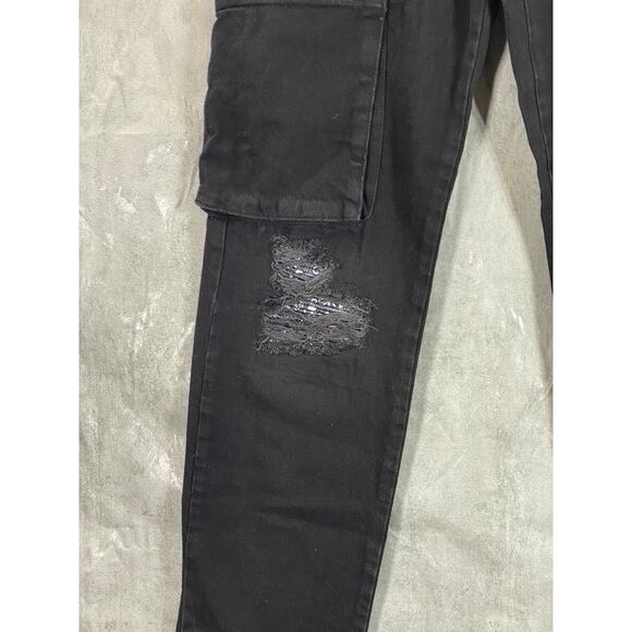 MAN BOOHOOMAN Men's Black Distressed Stretch Popper Hem Cargo Jeans SZ 36 - Picture 5 of 15
